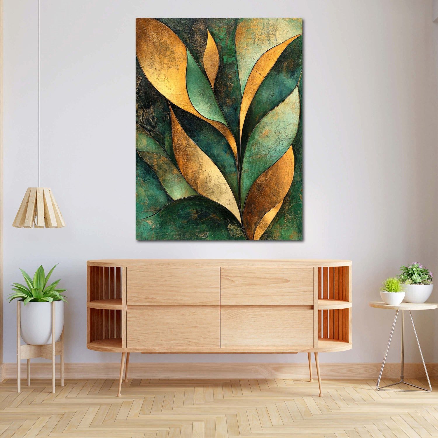 Artedinoi Leinwandbild Abstrakt Blattformen Gold Grün Leinwandbild Wandbild Kunstdruck XL Wan, Blattformen in Gold-Grün