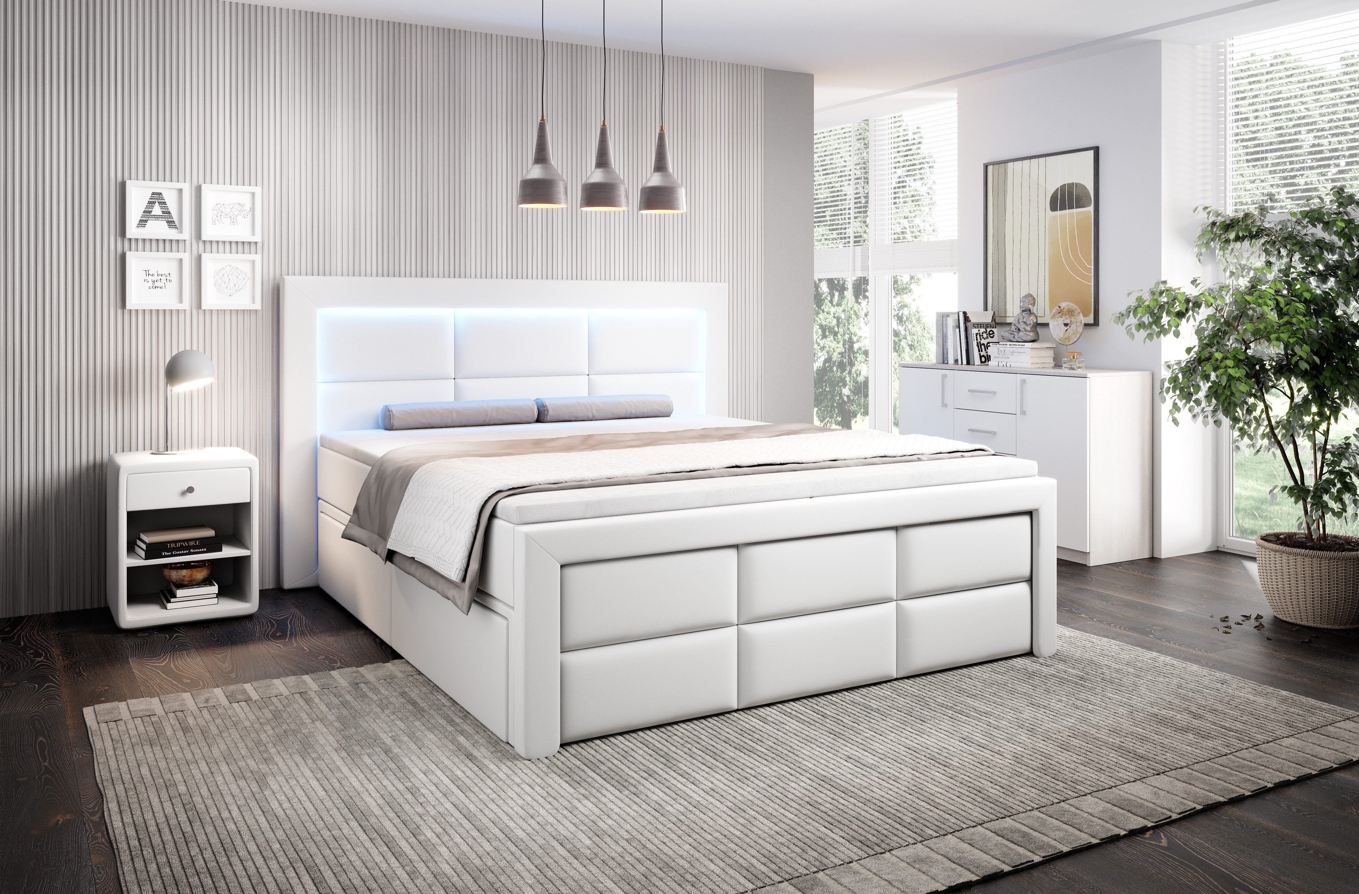 PROMETO Möbel Boxspringbett Schlafbett mit 2 Schubladen Bettkasten 180x200cm LED Beleuchtung (2 Schubladen, Taschenfederkernmatratze 7 Zonen, Topper)