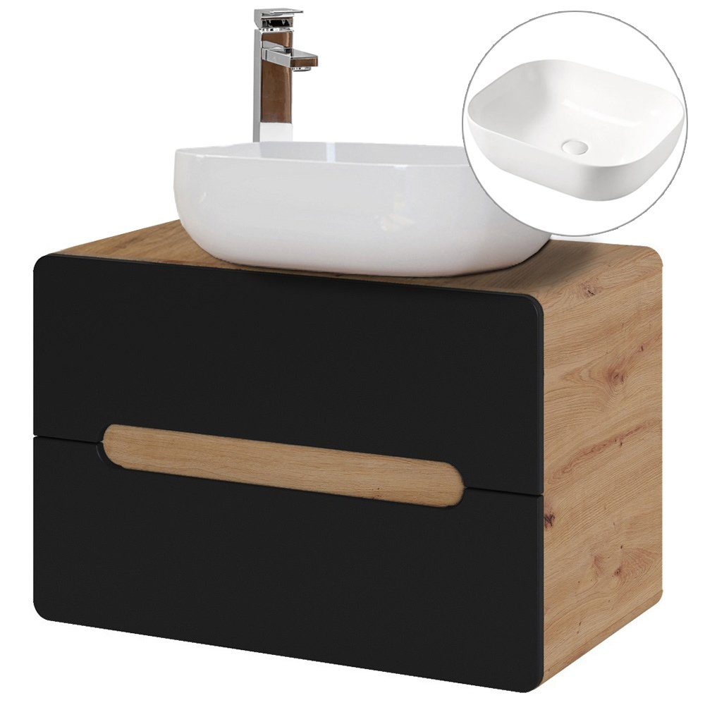 Ensemble Meuble Salle De Bain Avec Vasque Céramique Et Miroir LED - Design Blanc Brillant/Chêne, 2 Tiroirs Soft-Close