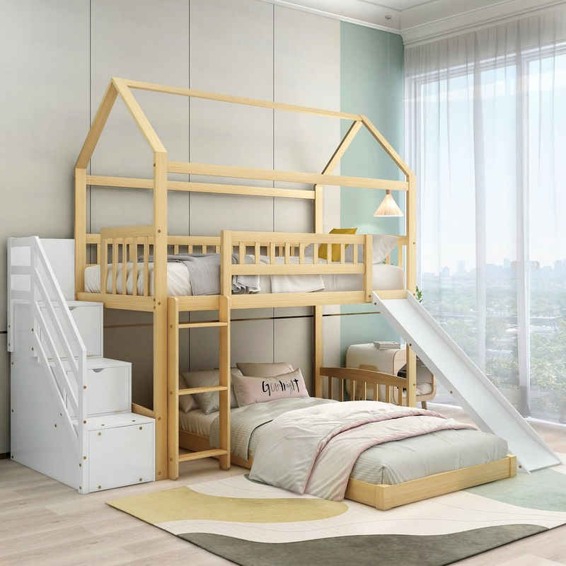 Flieks Etagenbett, Kinderbett mit Treppe Stauraum Rutsche Kieferholz 90x200cm