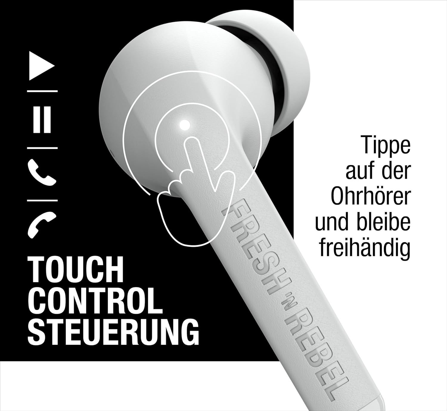 Fresh 'n Rebel True Wireless Kopfhörer mit Touch Steuerung & Mikrofon In-Ear-Kopfhörer (Mit integrierter Touch Steuerung lassen sich Musik, Lautstärke und Anrufe einfach und schnell bedienen., Bluetooth Headset mit 30h Akku, Sprachassistent und klarem Sound)