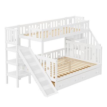 Ulife Etagenbett Massivholz Kinderbett 90x200/140x200cm, mit Rutsche und Regal, mit Sicherheitsstufen und zwei großen Schubladen