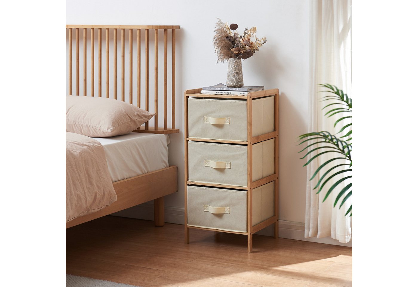 en.casa Kommode, »Maldon« mit 3 Stoffschubladen 79x37x35 cm Bambusgestell Natur/Beige