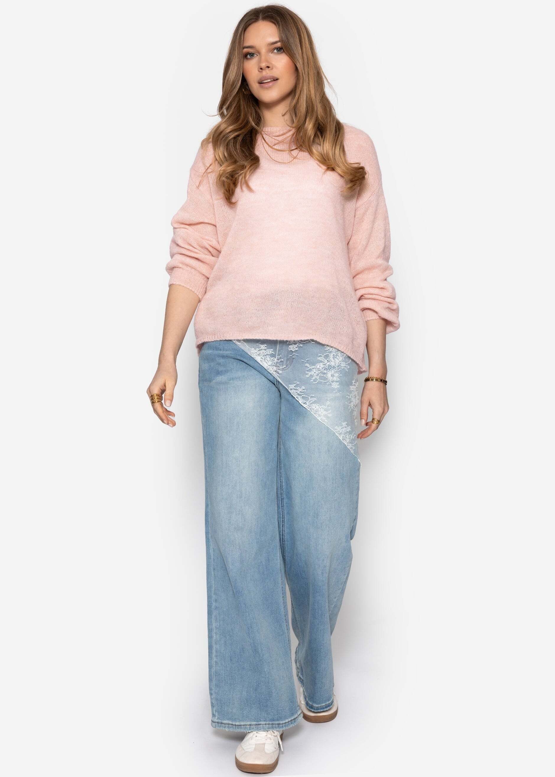 SASSYCLASSY Strickpullover Leicht transparenter Feinstrickpullover Damen Lockerer Pullover mit langen Ärmeln, Gummizug und feiner Rippstruktur