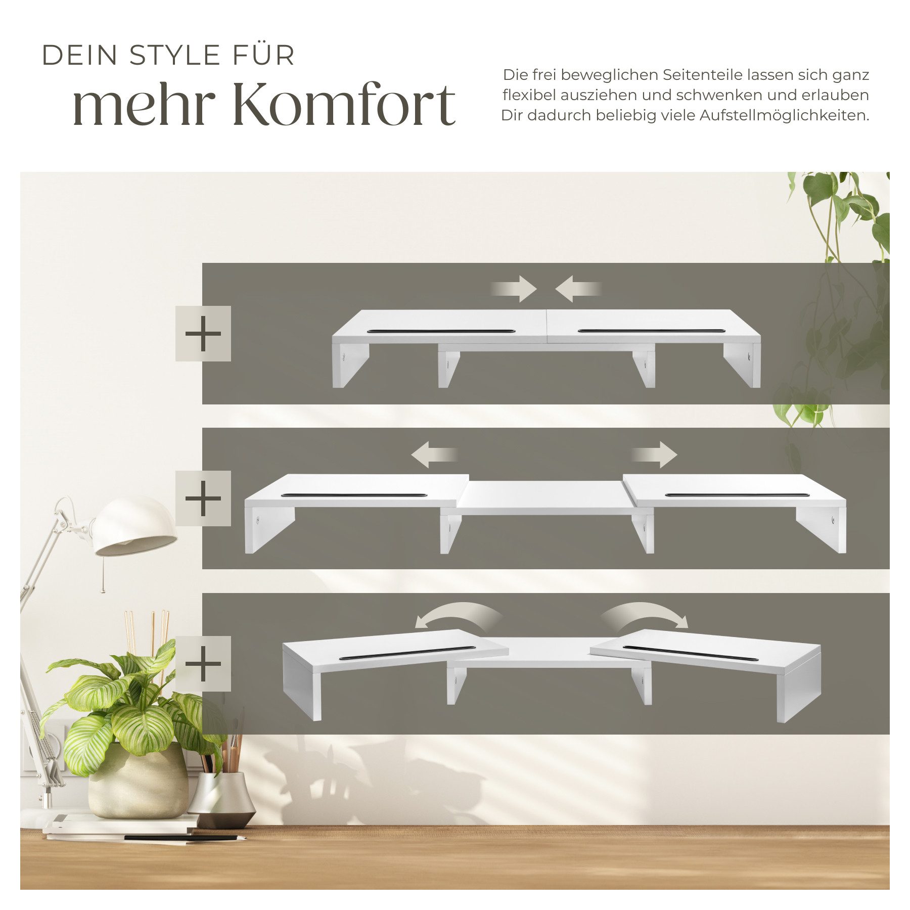 tectake Schreibtischaufsatz Monitorständer 3-teilig, Belastbarkeit 25 kg, 79 - 115 x 27 x 10,5, (Bildschirmerständer Bozen, in weiß), inklusive 2 Smartphonehalt – Bild 5 von 5