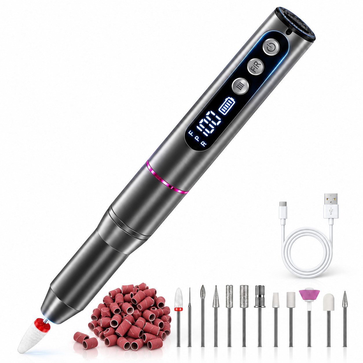Forrlite Maniküre-Pediküre-Set 12 in 1 Professionell elektrischer Nagelfräser 35000 U/min Nagelfräser, 12-tlg., 7 Geschwindigkeiten Digitalanzeige, Elektrisches Nagelpflegegerät