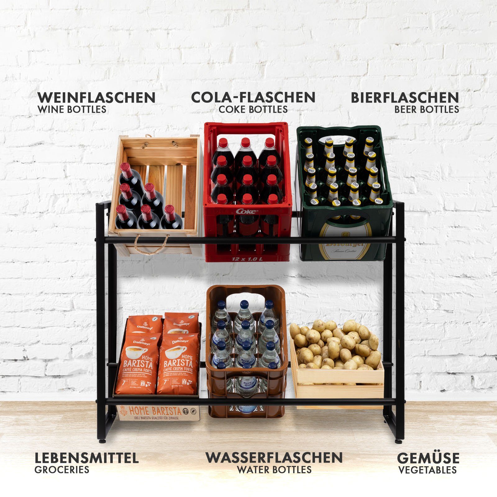 Kubus Flaschenregal Flaschenkastenständer Yuki, Schwarz, In 2 Größen erhältlich