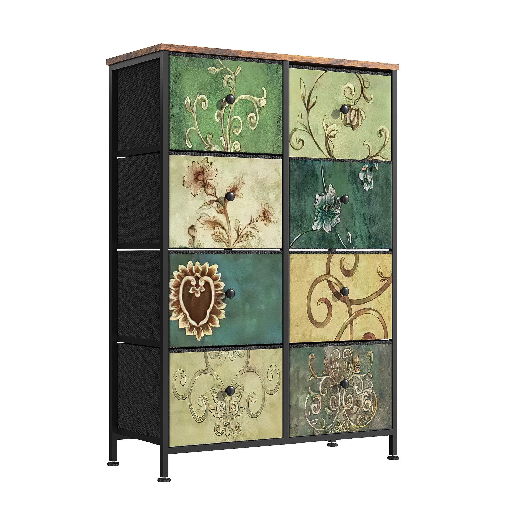 FUROKOY Kommode Stauraumschrank,Schrank Schlafzimmer,Metallrahmen,Retro Stil, Blumenmuster,8 Schubladen