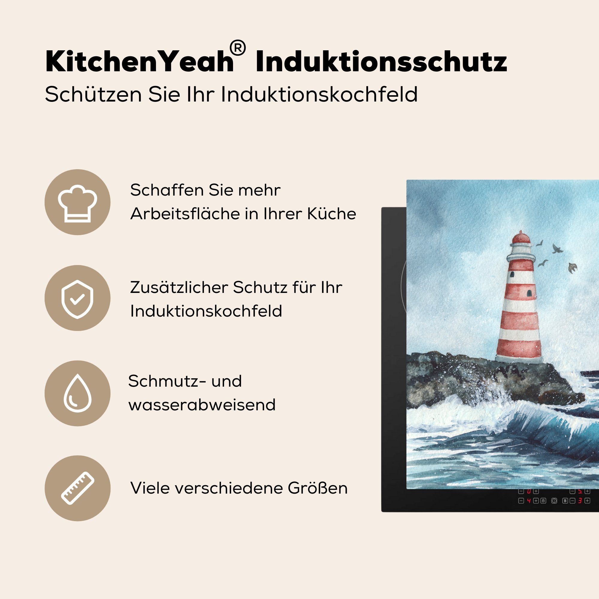 für - küche Golf Leuchtturm, Arbeitsplatte tlg), Herdblende-/Abdeckplatte Ceranfeldabdeckung, 78x78 - cm, MuchoWow (1 Meer Vinyl,