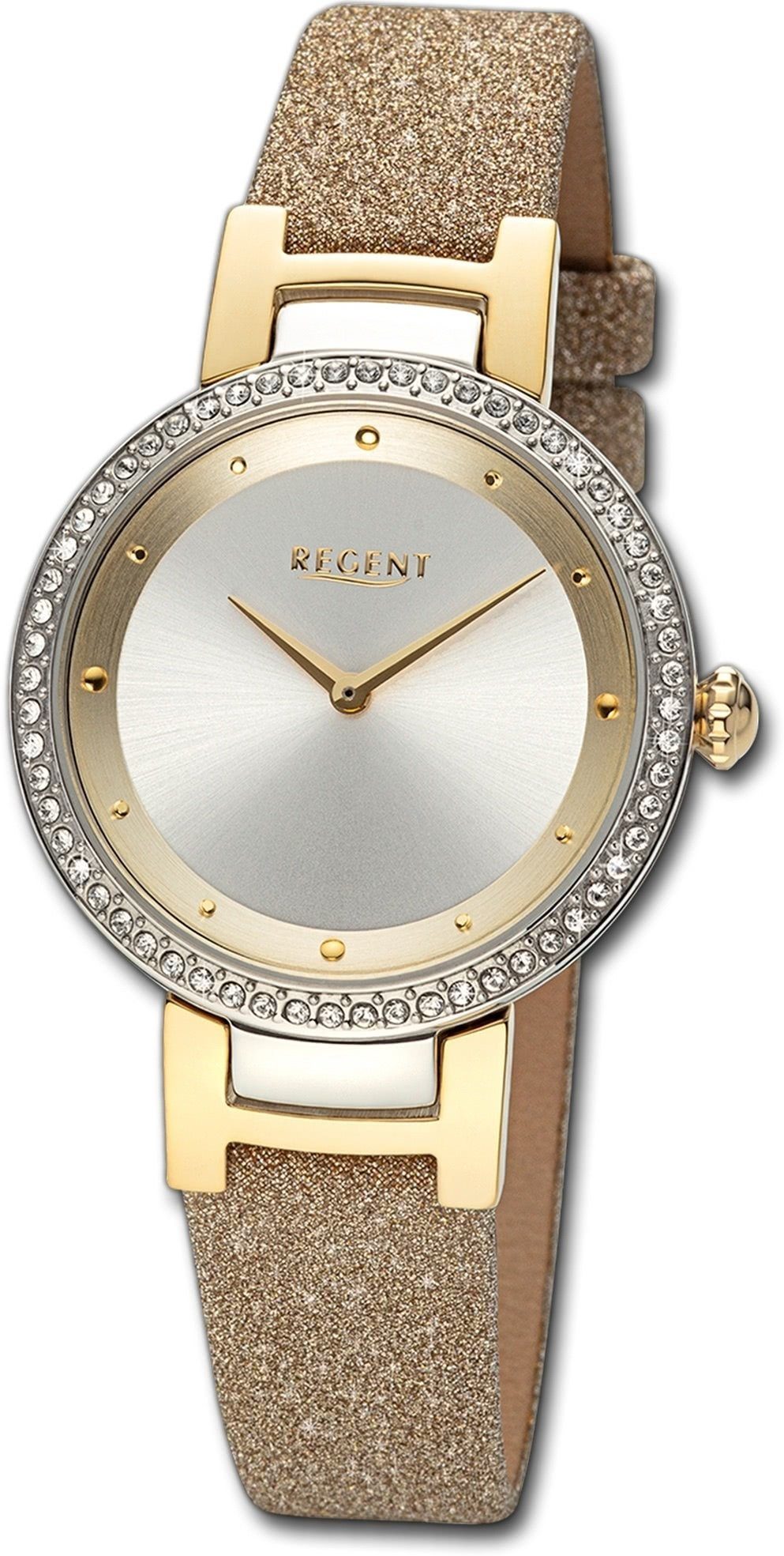 Regent Quarzuhr Regent Damen Armbanduhr Analog, Damenuhr Lederarmband gold, rundes Gehäuse, extra groß (ca. 33mm)