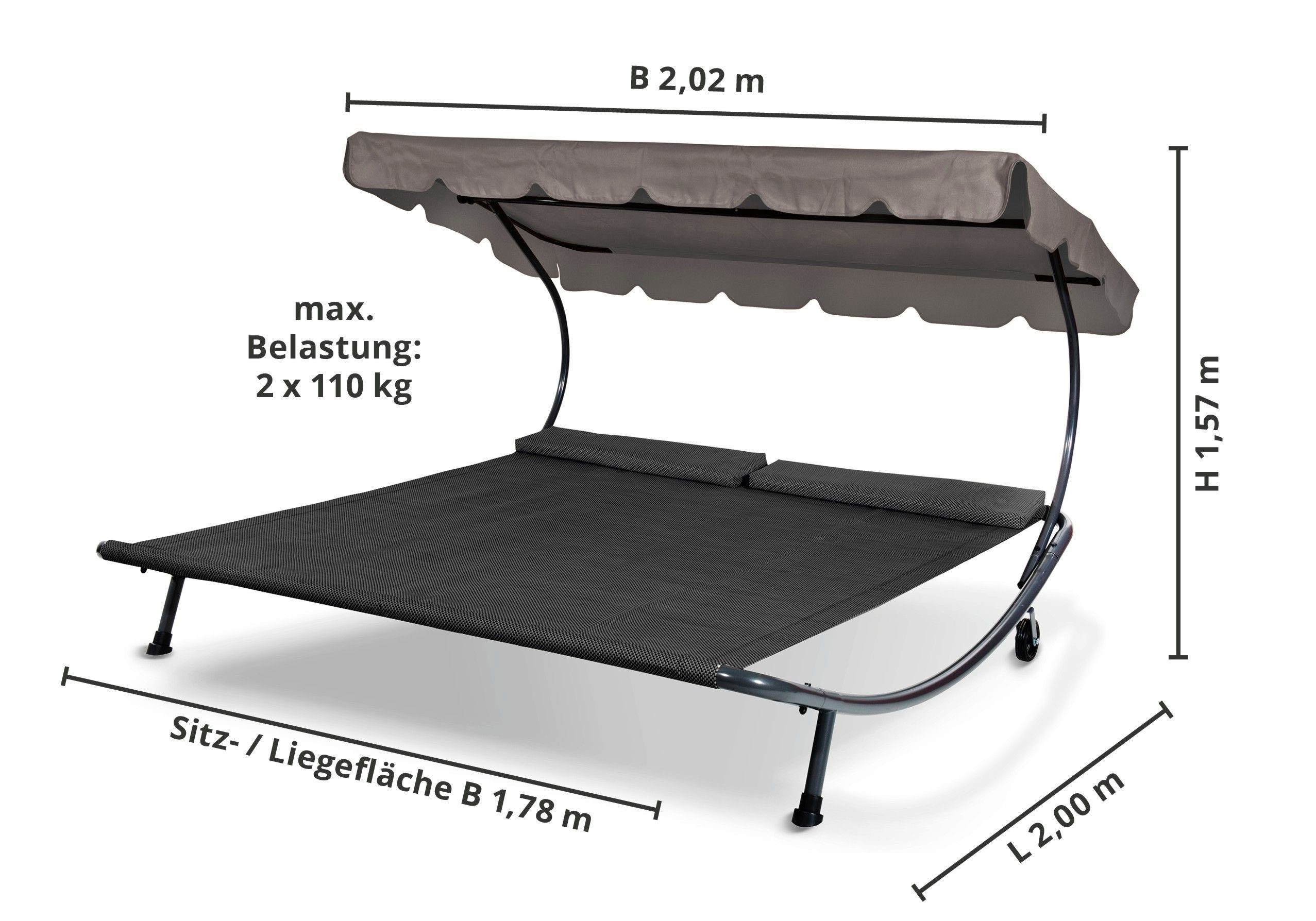 Leco Doppelliege Doppelliege anthrazit, mit und Bespannung, Sonnendach Kopfkissen