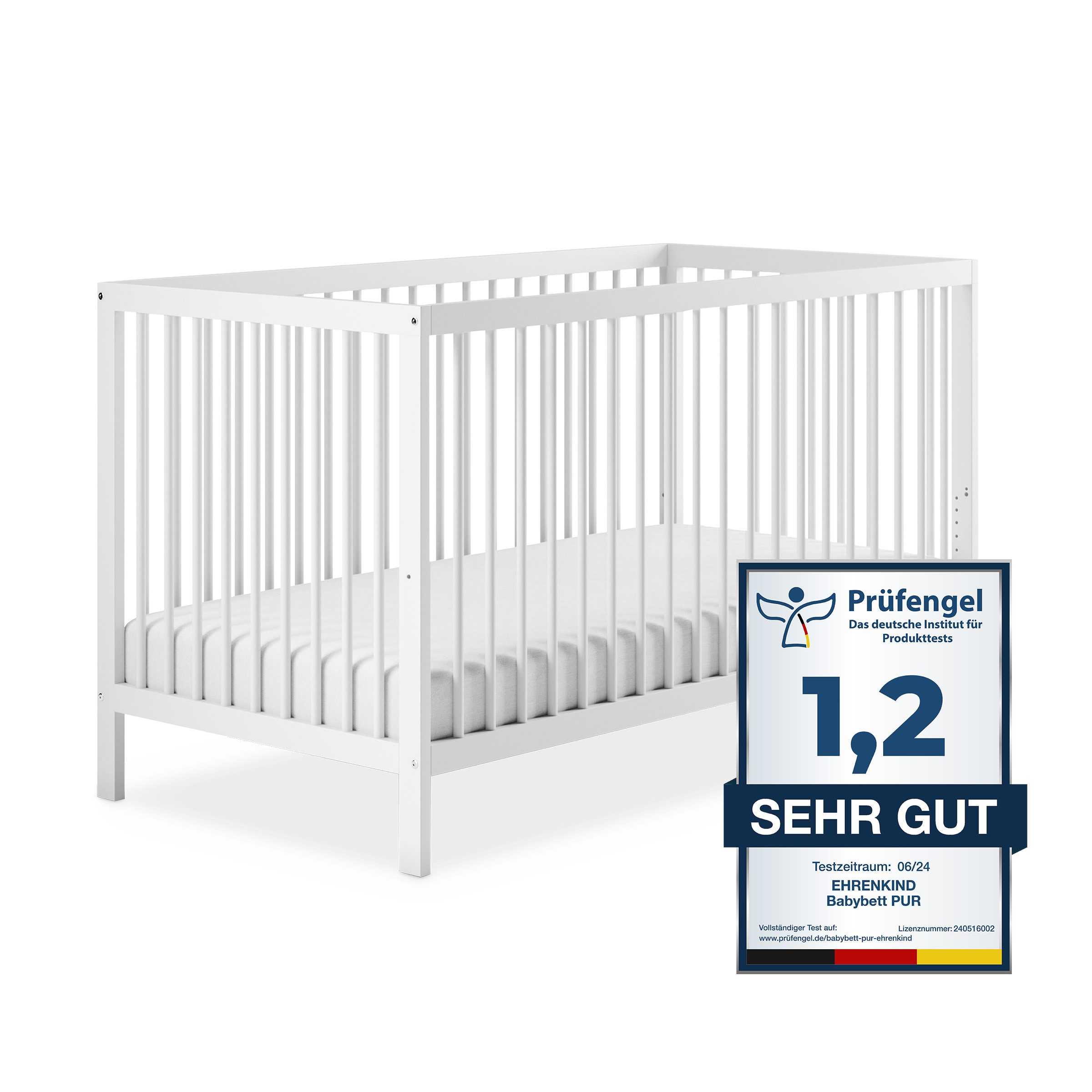 Ehrenkind Babybett PUR aus massivem Buchenholz, flexibel höhenverstellbar, Gitterbett, Kinderbett 9-Fach höhenverstellbar mit entnehmbaren Stangen Baby Bett
