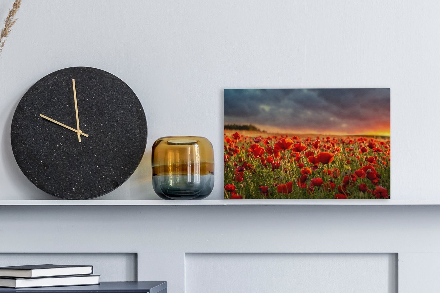 OneMillionCanvasses® Leinwandbild Mohnblumen - Wolken cm (1 30x20 - Leinwandbilder, St), Wandbild Aufhängefertig, Wanddeko, Sonne