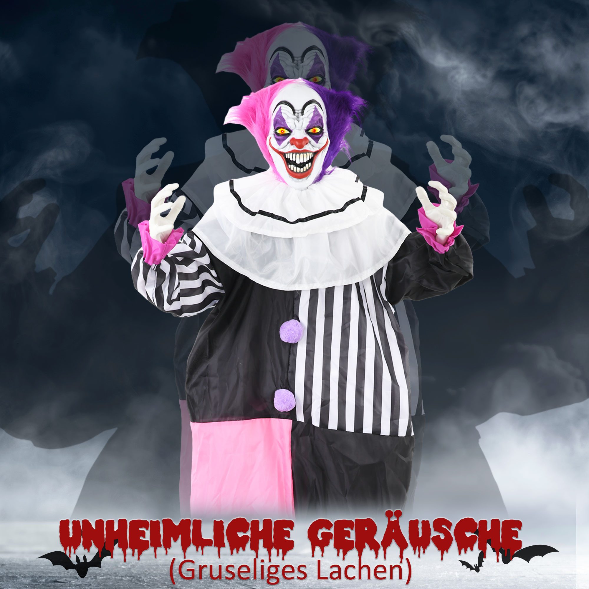 HOMCOM Dekofigur Haustür Deko 173 cm mit LED, Sound, Garten für Party (Grusel-Clown Halloween-Dekoration, 1 St., Lach-Funktion), mehrfarbig – Bild 4 von 5