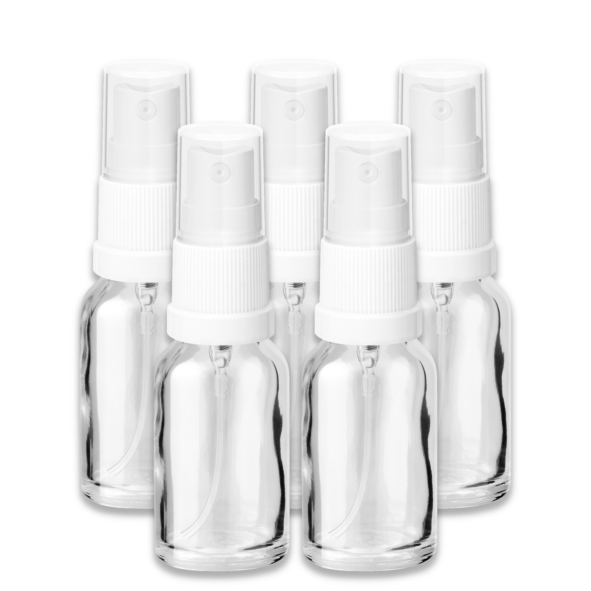 CK Verpackung GmbH Zerstäuberflasche 5x Glasflasche klar 15 ml mit weißem Zerstäuber Sprükopf Pumpspray Set