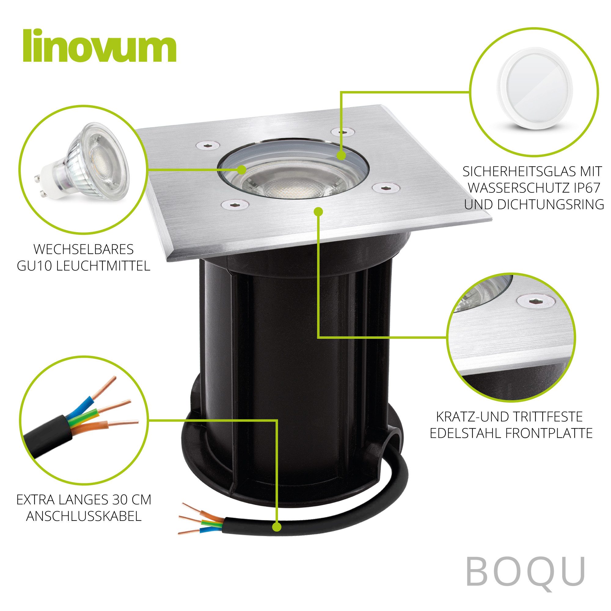 linovum LED Gartenstrahler Bodeneinbaustrahler BOQU mit LED GU10 3W neutralweiß Bodenlampe Spot, Neutralweiß