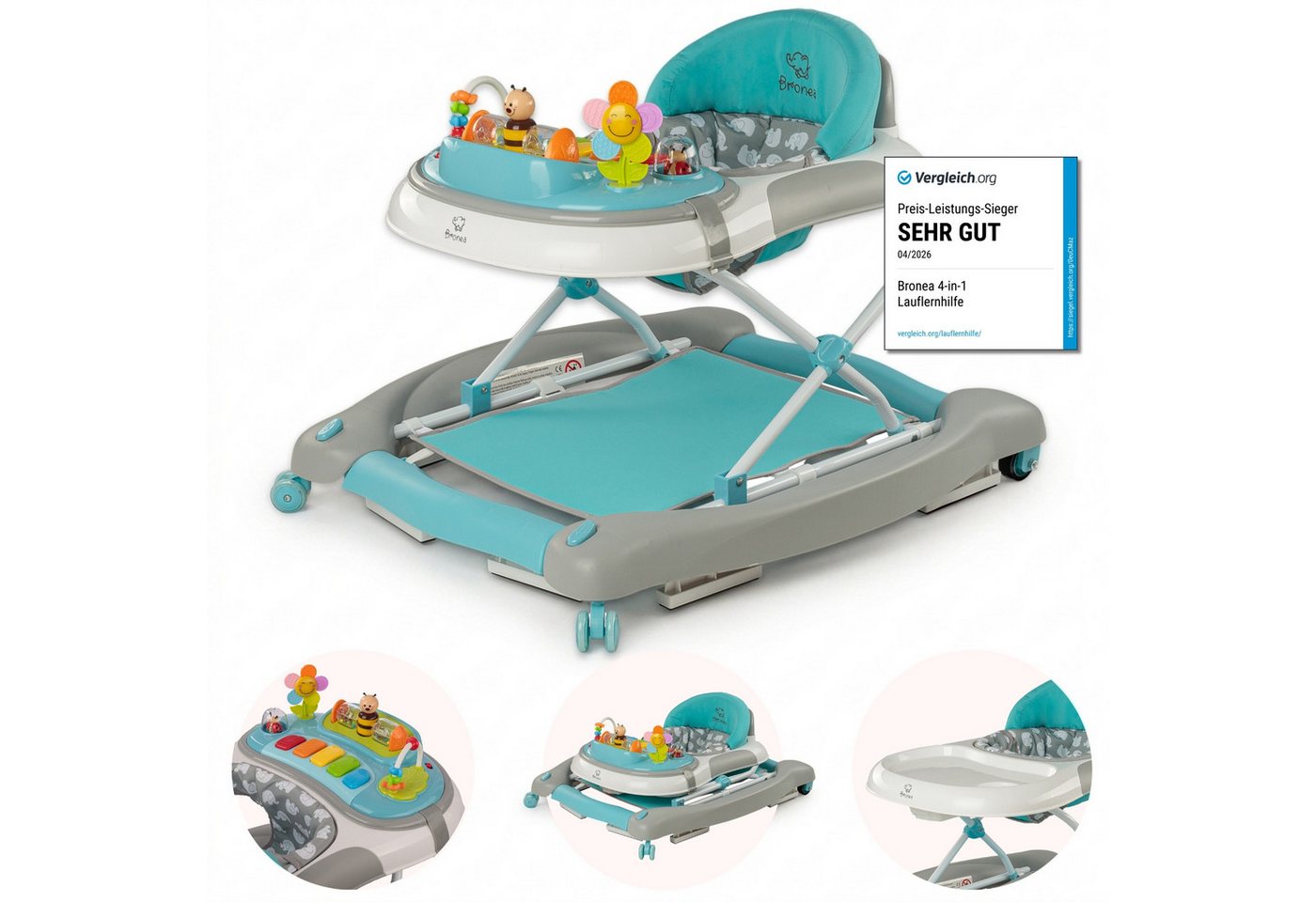 Bronea Lauflernhilfe 4-in-1 Lauflernwagen Gehfrei Baby Schaukel Lauflernhilfe Babywalker, Abnehmbares Spielpaneel - Wippfunktion - Leise gummierte Reifen