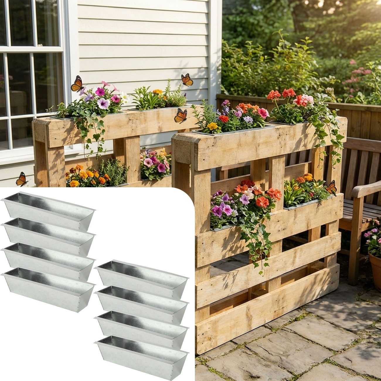 shop'n smile ideoon Blumenkasten Premium Pflanzkasten für Europaletten aus verzinktem Metall (8 St., 1-er, 2-er, 4-er, 6-er, 8-er Set), 3 Ablauflöchern, Blumenkasten für Palettenmöbel