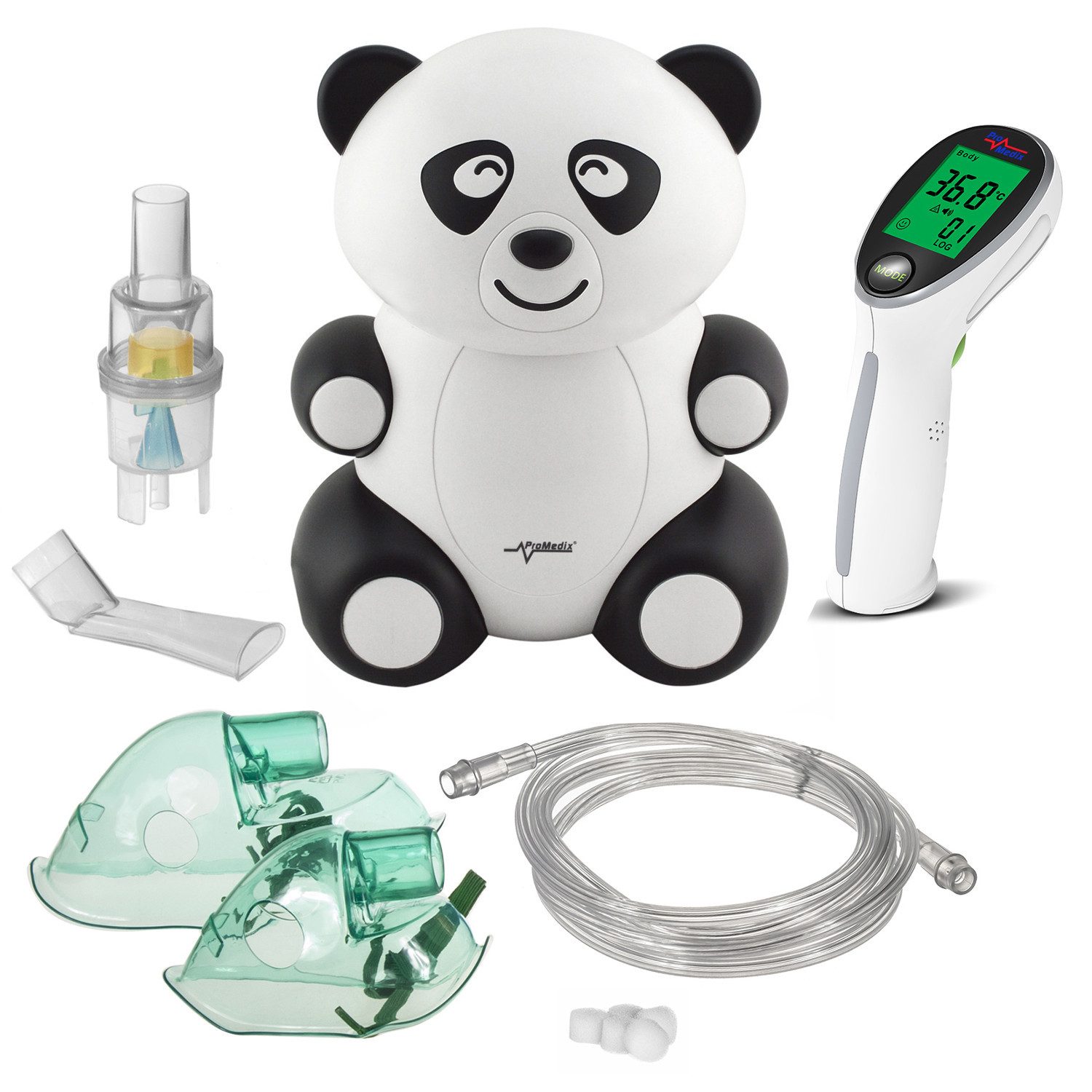 Promedix Inhalationsgerät PR-812+PR-960 Panda Kinderinhalator + Infrarot-Thermometer Set, Vernebler, Maske, Filter-Set