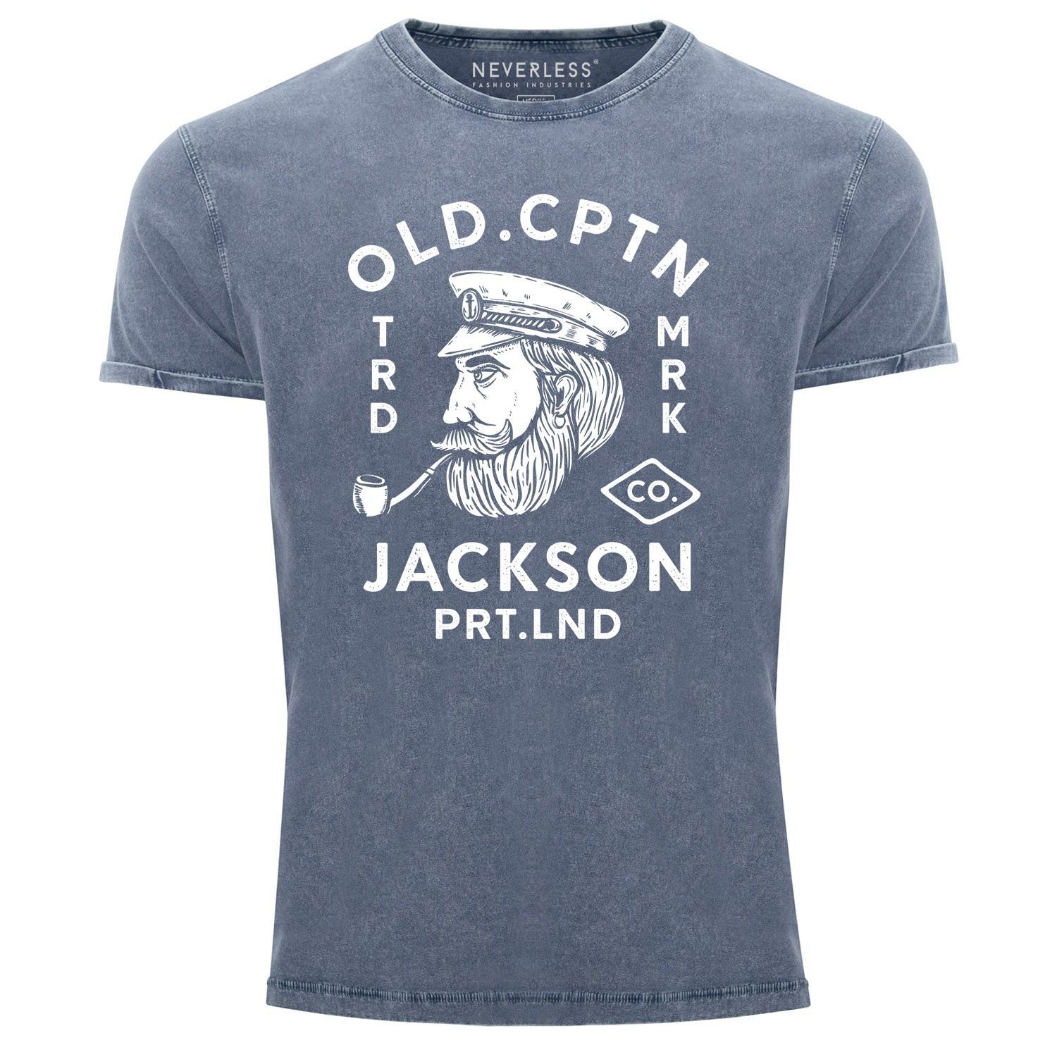 Shirt Old Retro Used Printshirt Neverless Kapitän Aufdruck Fit Print Herren Print-Shirt Neverless® Look Motiv Jackson Cptn Vintage mit Slim blau