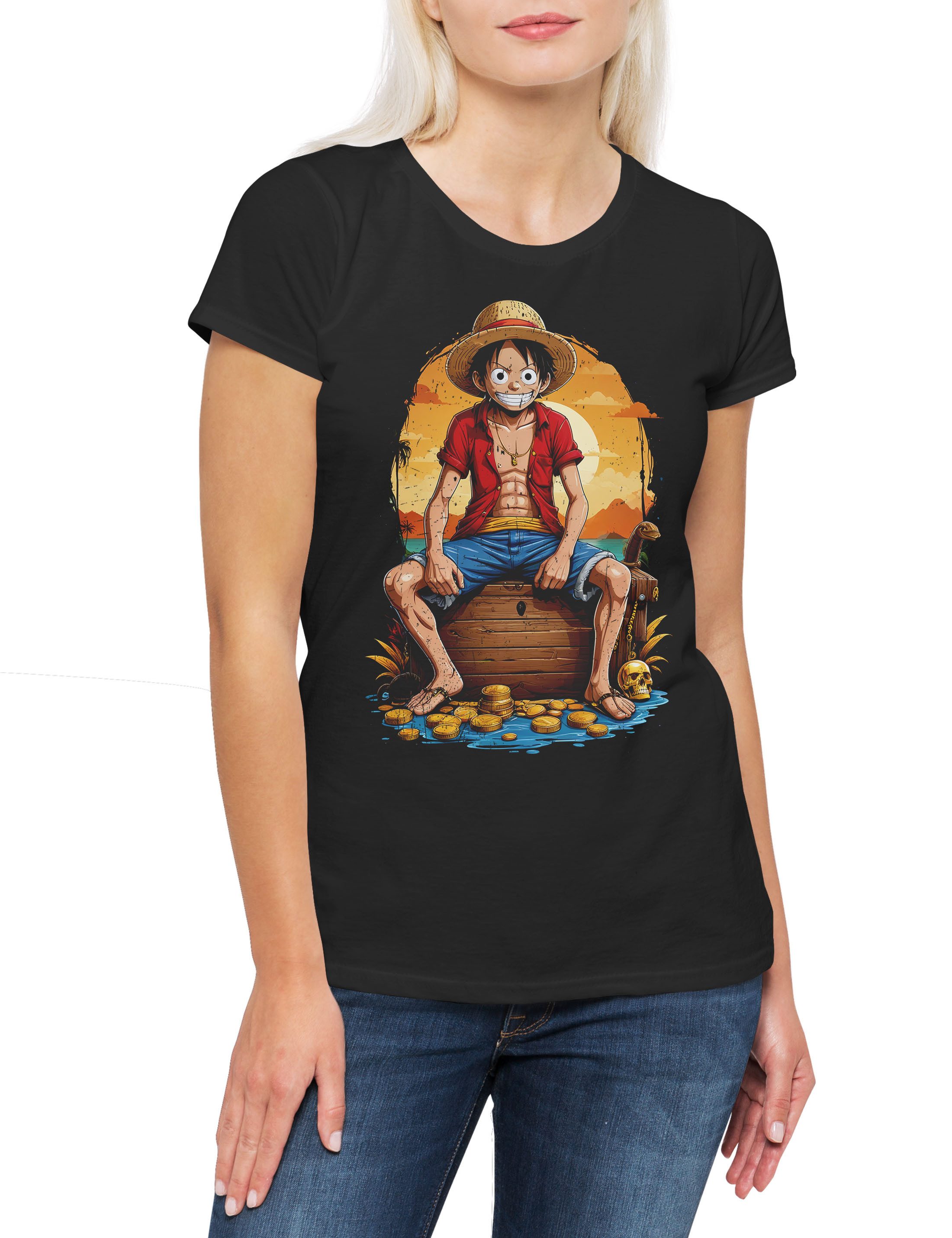 Print-Shirt Monkey Smile Ruffy Damen T-Shirt One Pirate Adventure Anime Piece D