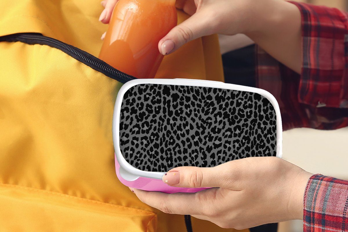 MuchoWow Lunchbox für (2-tlg), Kinder, - Grau, Kunststoff Brotdose Pantherdruck Brotbox Muster rosa - Erwachsene, Mädchen, Kunststoff, Snackbox