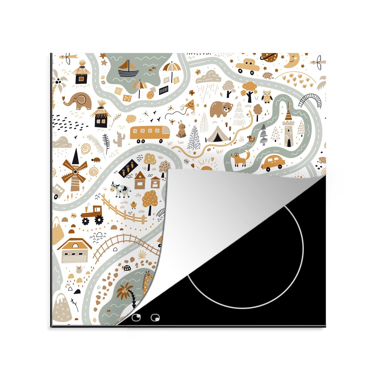 MuchoWow Herdblende-/Abdeckplatte Auto - Tiere - Kinder - Straßen, Vinyl, (1 tlg), 78x78 cm, Ceranfeldabdeckung, Arbeitsplatte für küche