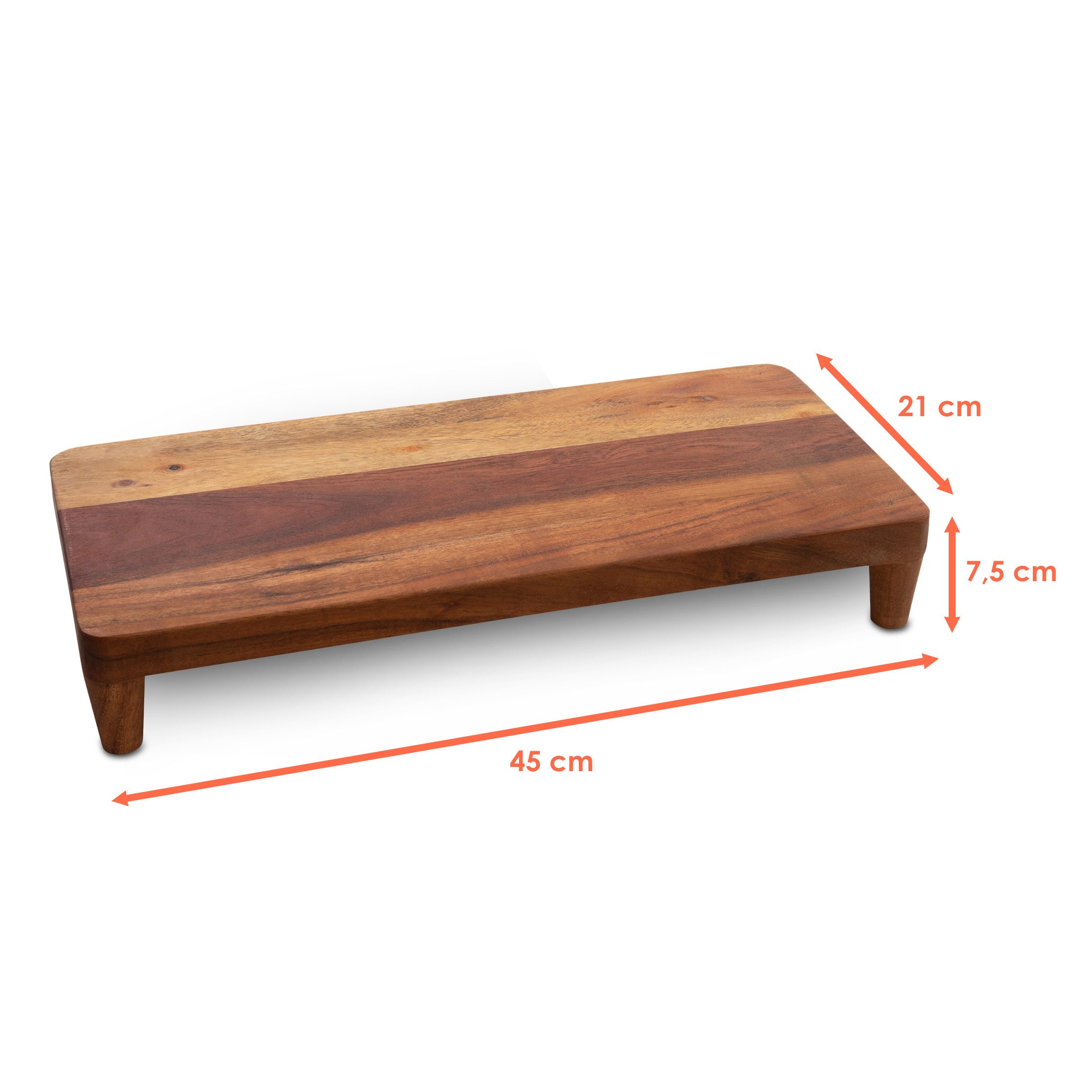 Spetebo Tablett Akazien Tischpodest lebensmittelecht - 45 x 21 cm, Akazien Holz, (Stück, 1-tlg., Tablett), Holz Serviertablett braun mit 4 Füßen