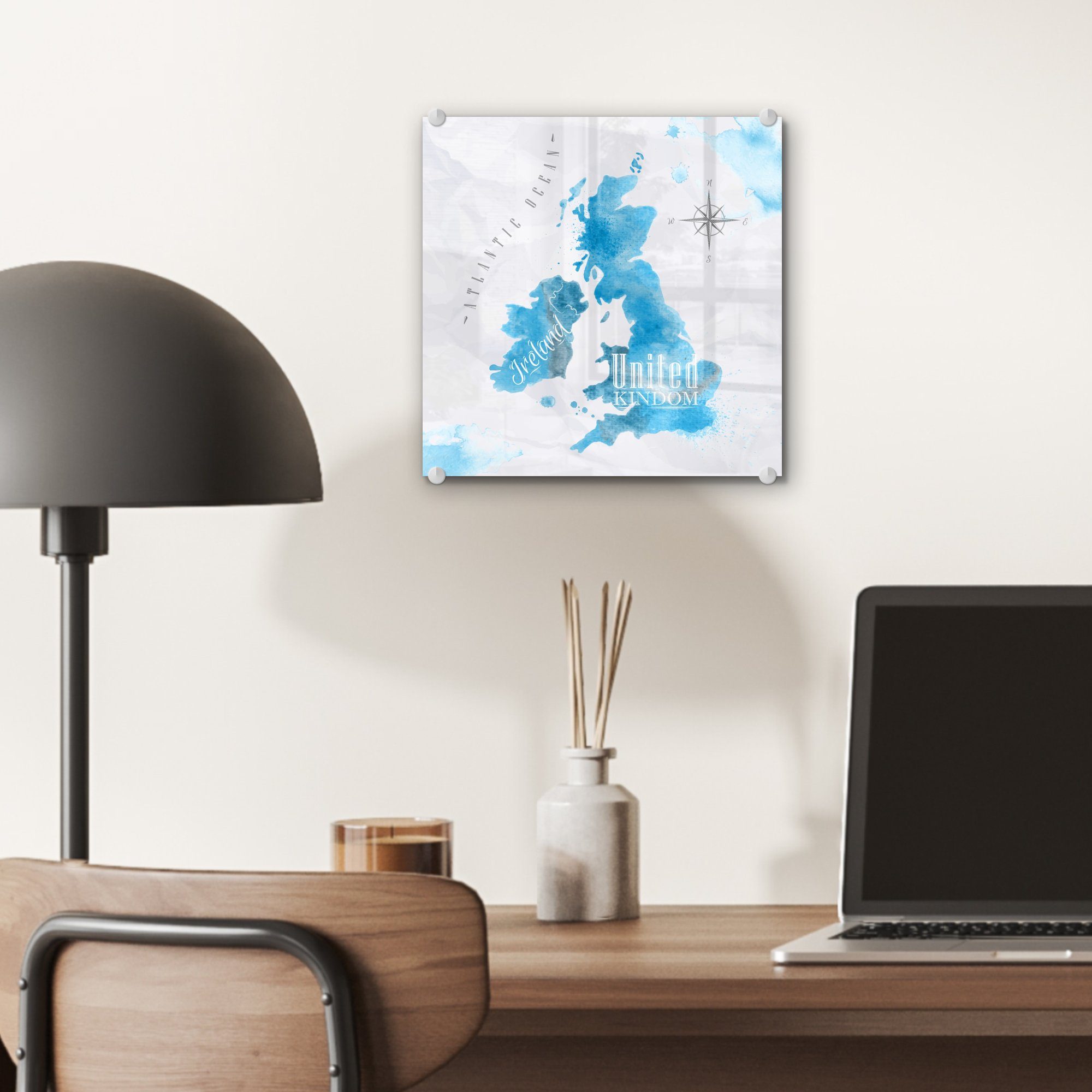 Wanddekoration St), - Wandbild Blau, - Bilder - - Weltkarte - England Glas Glasbilder Foto Glas (1 auf auf MuchoWow Acrylglasbild