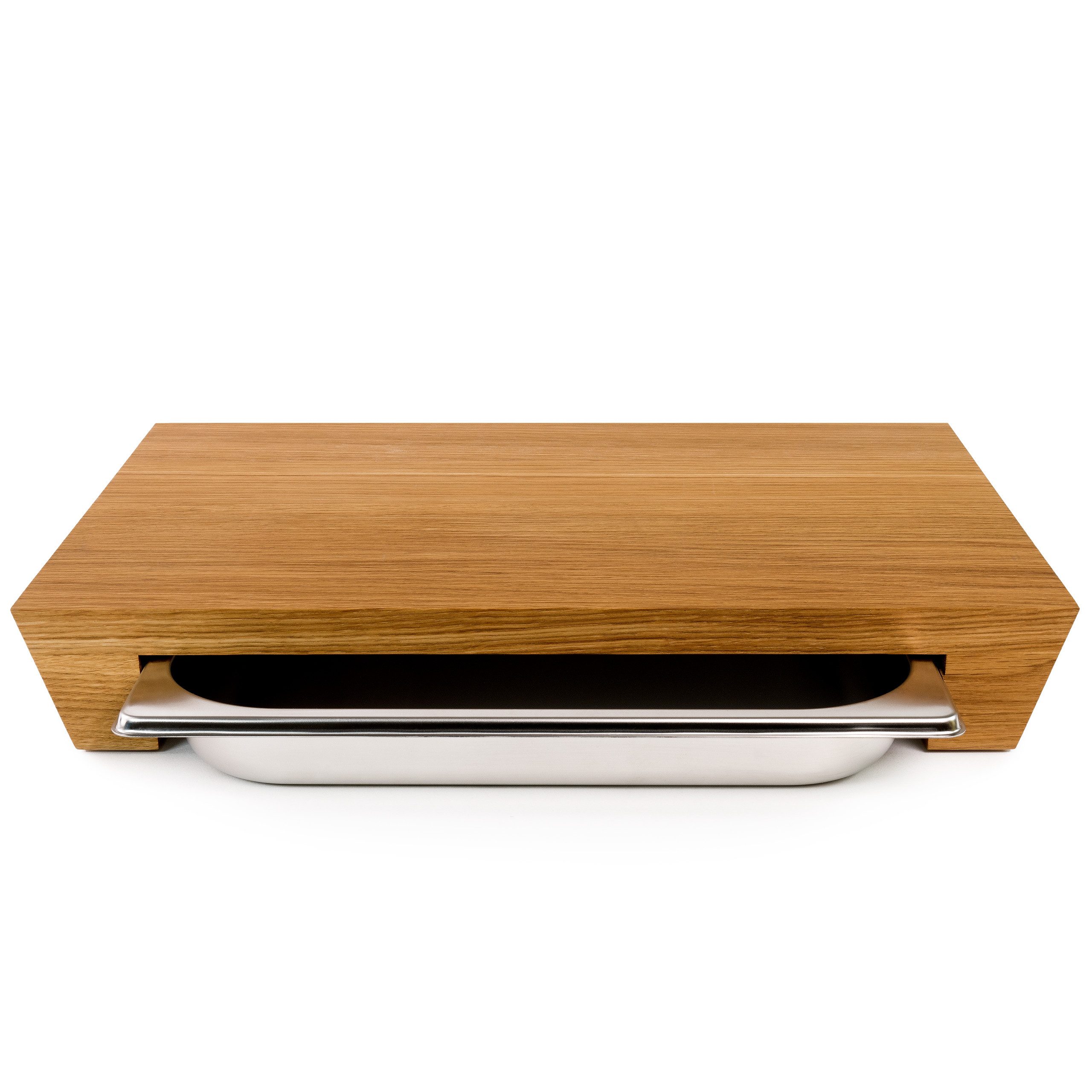 cleenbo Schneidebrett mit Auffangschale - Profi Holz Küchenbrett aus Eiche - 43 x 29 x 7 cm, Holz, Antibakteriell, Holzbrett mit Auffangschale aus Edelstahl