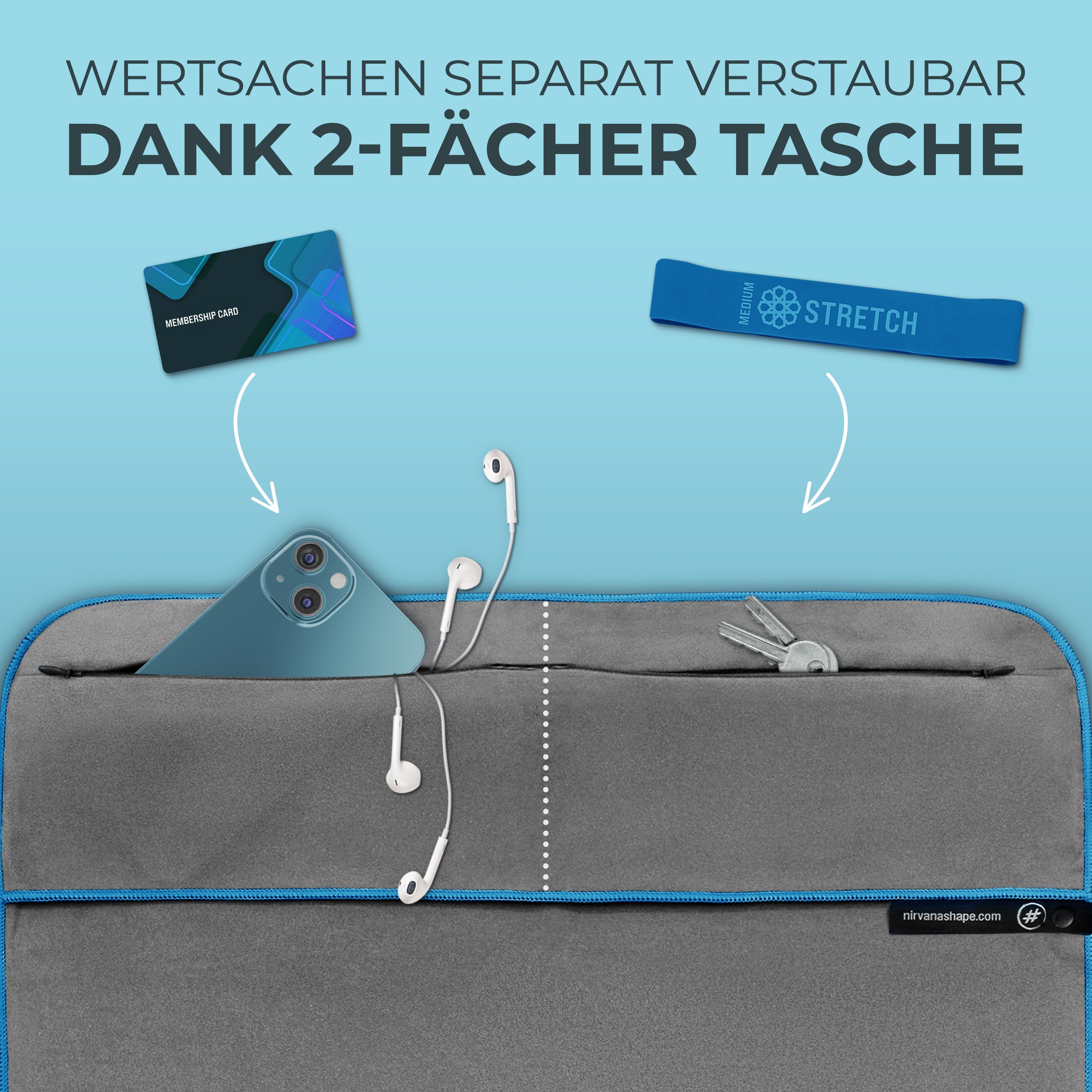 NirvanaShape Sporthandtuch Fitness-Handtuch mit Magnet-Clip, Mikrofaser Sporthandtuch, Microfaser, 2x Reißverschlusstaschen & Funktionaler Geräteüberzug, Ultra-Saugfähig