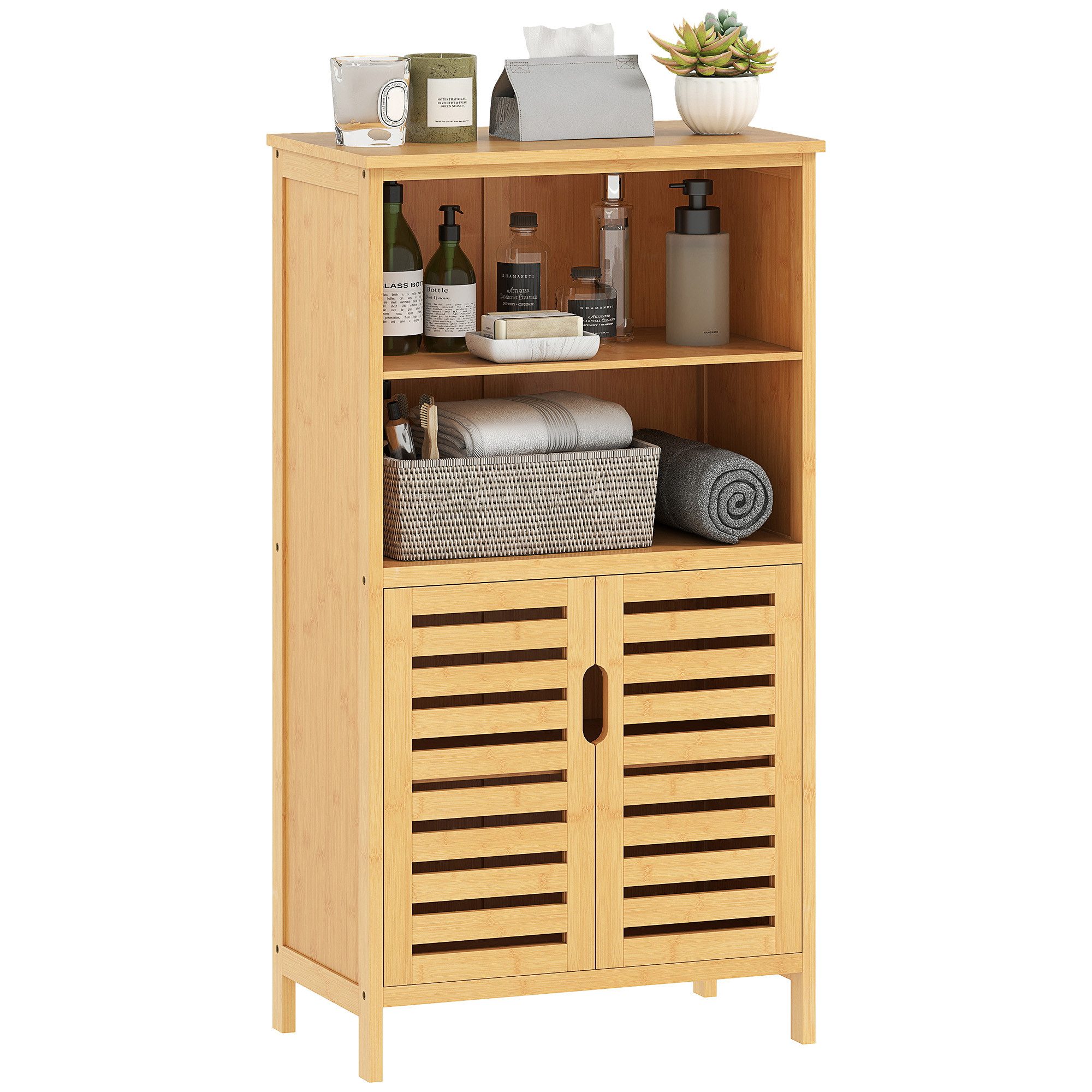 Kleankin Badkommode Unterschrank aus Bambus Lamellentüren (Badschrank, 1 St., Badezimmerschrank), Naturholz, 50 x 29 x 92 cm