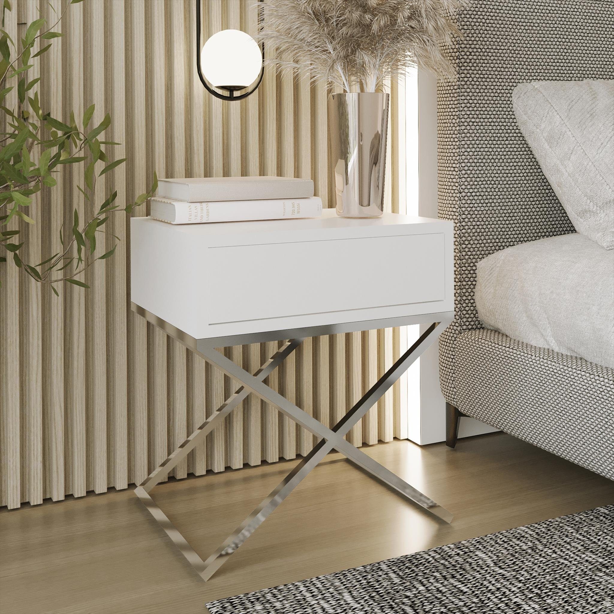 Beautysofa Nachttisch Max (inkl. Schublade, x-förmigen Metallgestell, 45 x 50 x 35 cm (B x H x T), kleine Tisch im modernes Deisgn für Schlafzimmer Weiß | Chrom