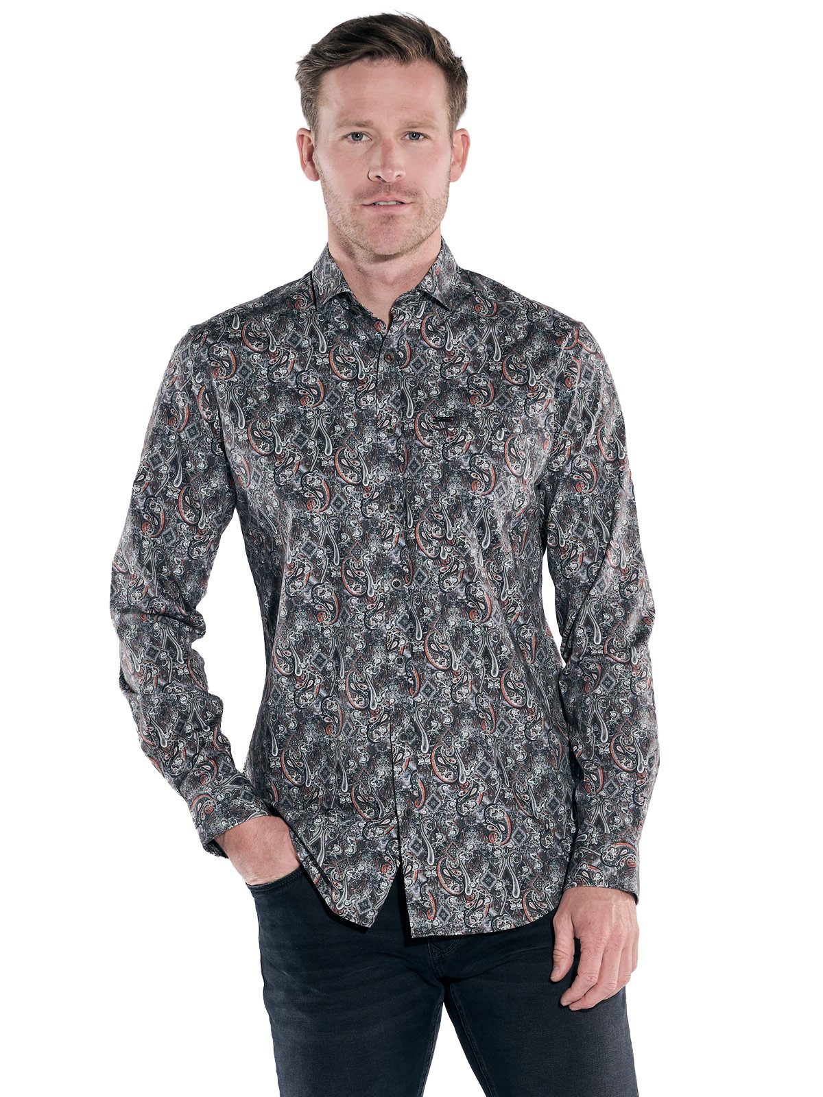 Engbers Langarmhemd engbers Herren Langarm-Hemd gemustert, Oliv günstig online kaufen