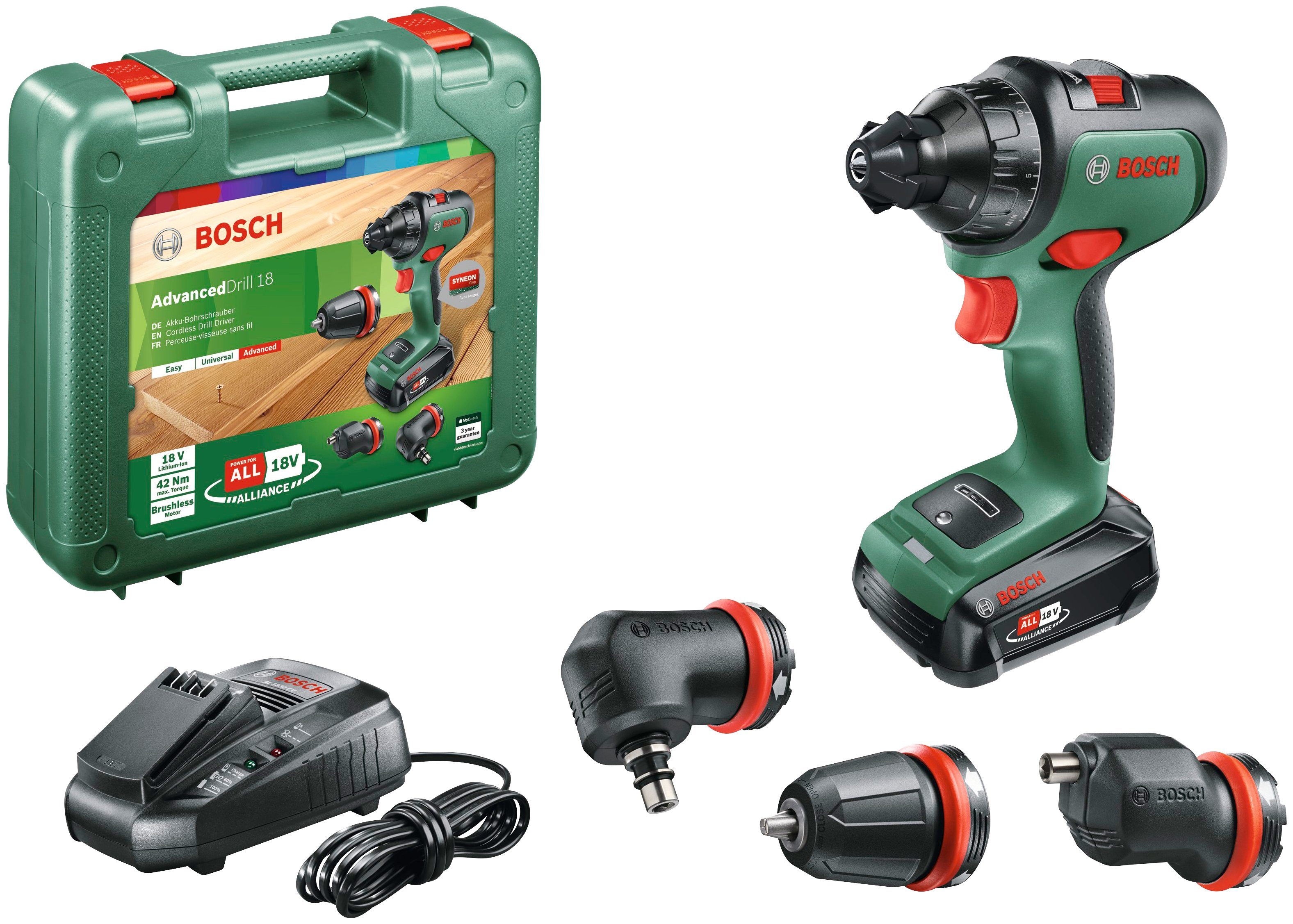Bosch Home & Garden Akku-Schrauber AdvancedDrill 18, 1350 U/min, 42 Nm, mit 18V Akku, Ladegerät, 3 Bohrfutteraufsätze und Koffer