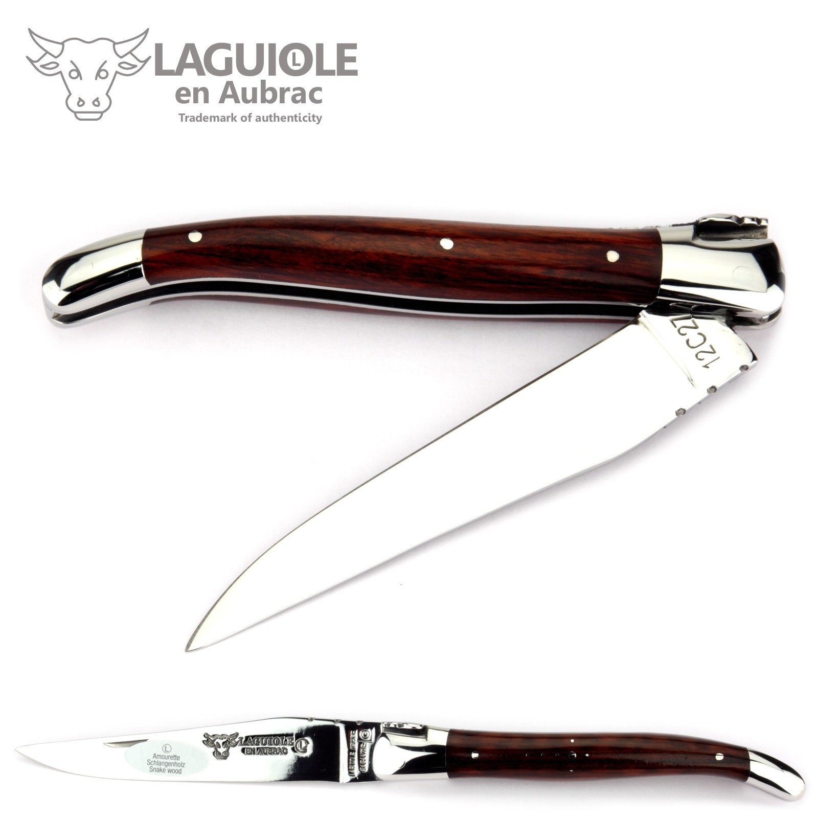 Laguiole en Aubrac Taschenmesser L0212AMIF, Griff 12cm Schlangenholz - Feder verziert - Stahl glänzend