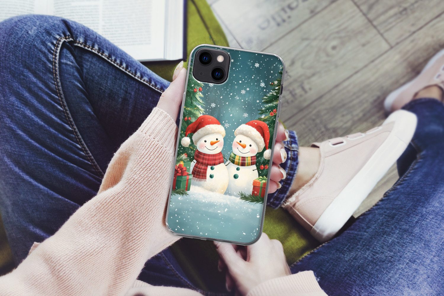 MuchoWow Handyhülle für Apple iPhone 13 mini Schneemann - Weihnachtsschnee - Grün - Rot, Smartphone-Bumper, Print, Handy Schutzhülle Dünn