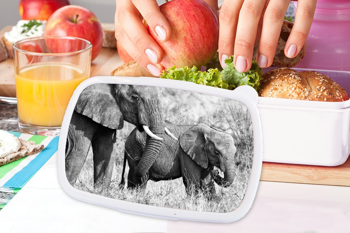 MuchoWow Lunchbox für Kunststoff, - Gras Kinder - Tiere für weiß, und - Brotbox und Schwarz (2-tlg), Mädchen Brotdose, und Jungs Erwachsene, Elefant