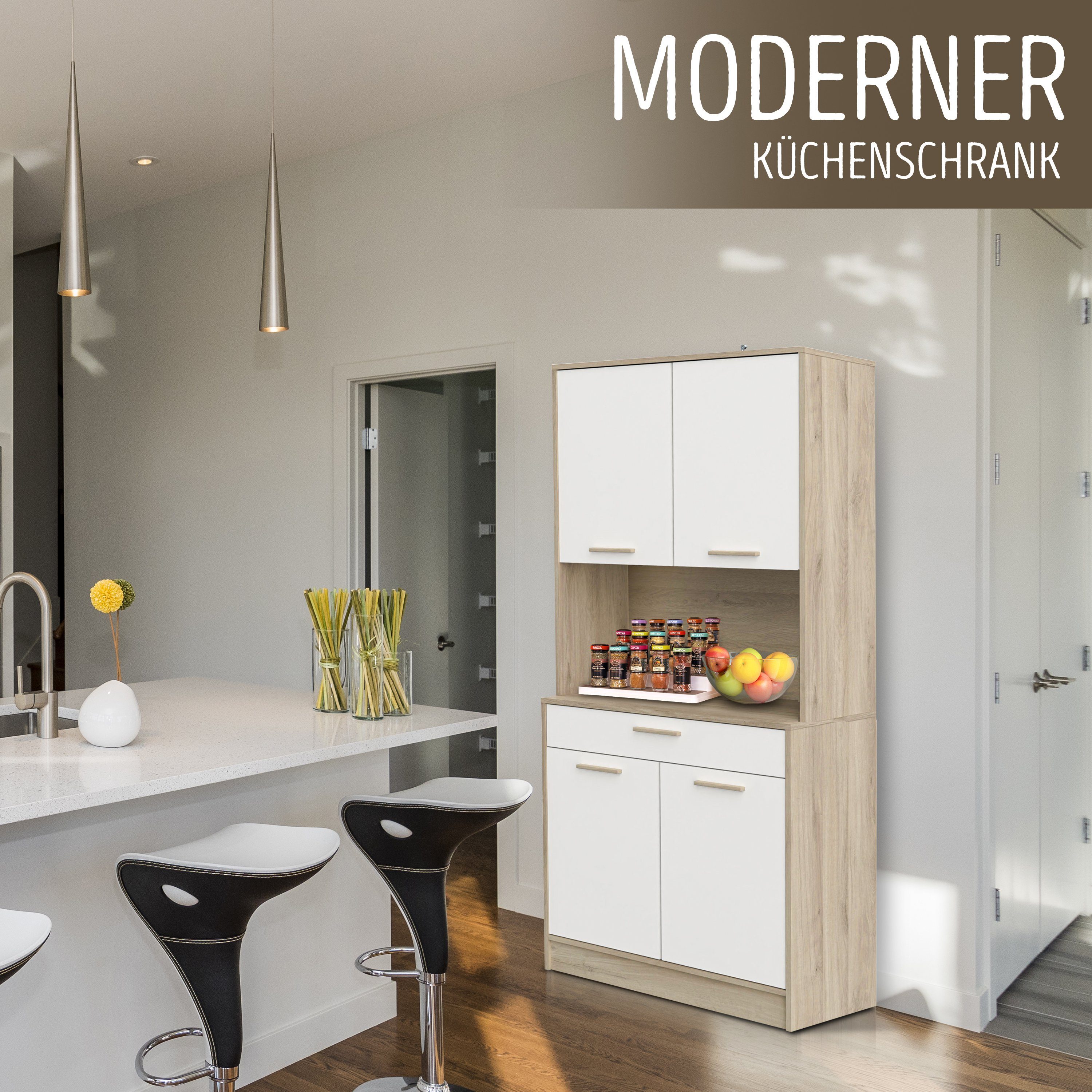 habeig Küchenbuffet Küchenregal Küchenschrank Eiche Küchenmöbel Singleküche 176x84cm besonders schwere und robuste Ausführung