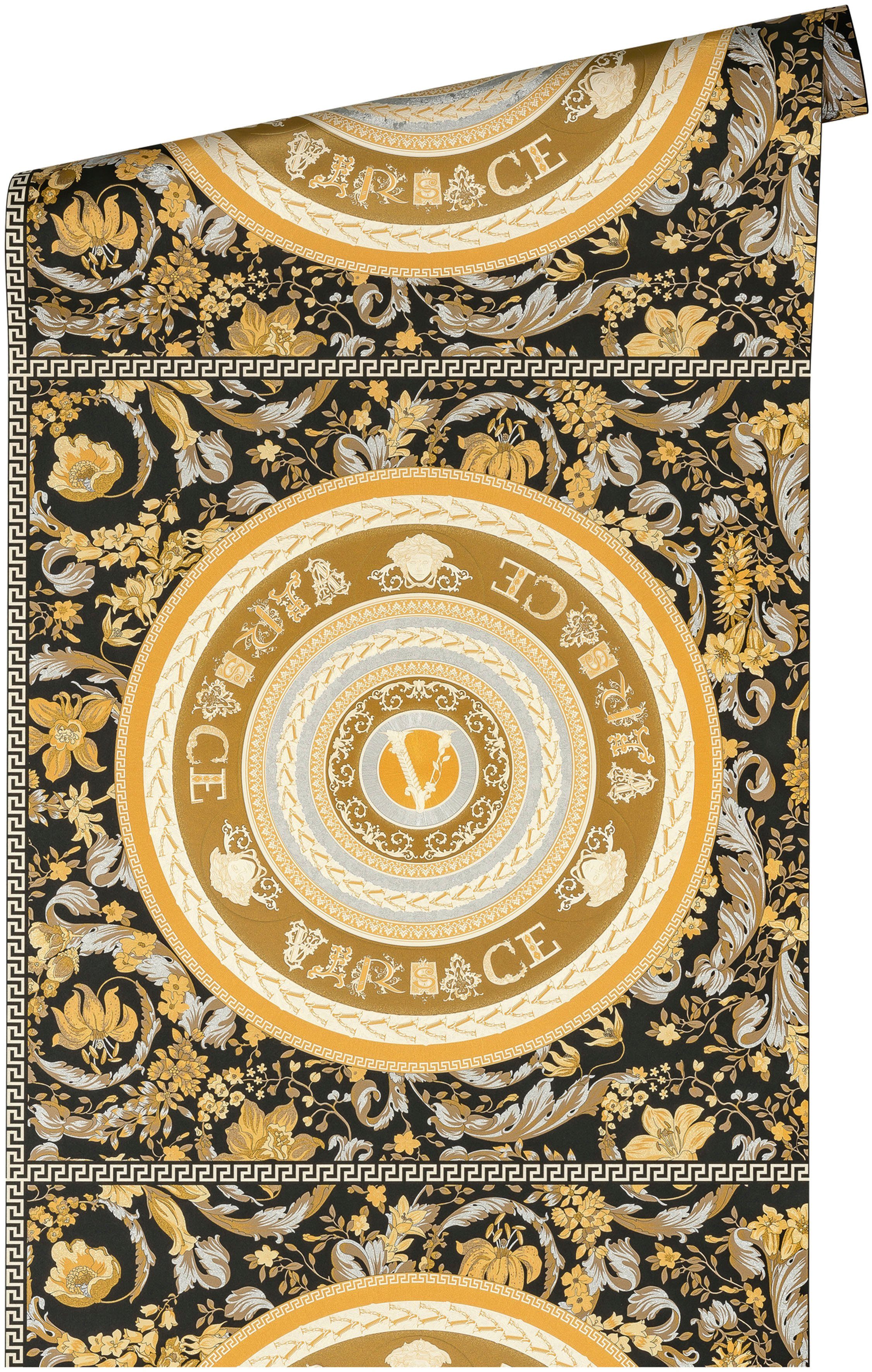 St), Fliesen-Tapete Designertapete, goldfarben/schwarz/silberfarben Wallpaper Floral Versace Versace auffallende Design, leicht 5 glänzend, leicht strukturiert, (1 Vliestapete