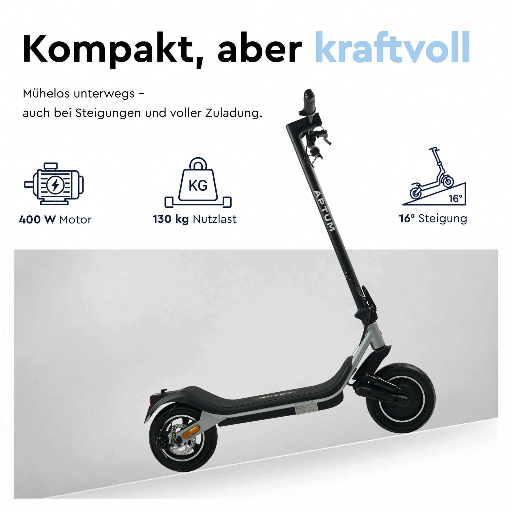 Aptum E-Scooter Lite C3 MAX mit Straßenzulassung, Blinker, 400W Federung, 10 Zoll, 20 km/h, 400 W, vordere Federung, integrierte Blinker, 130 kg Belastung