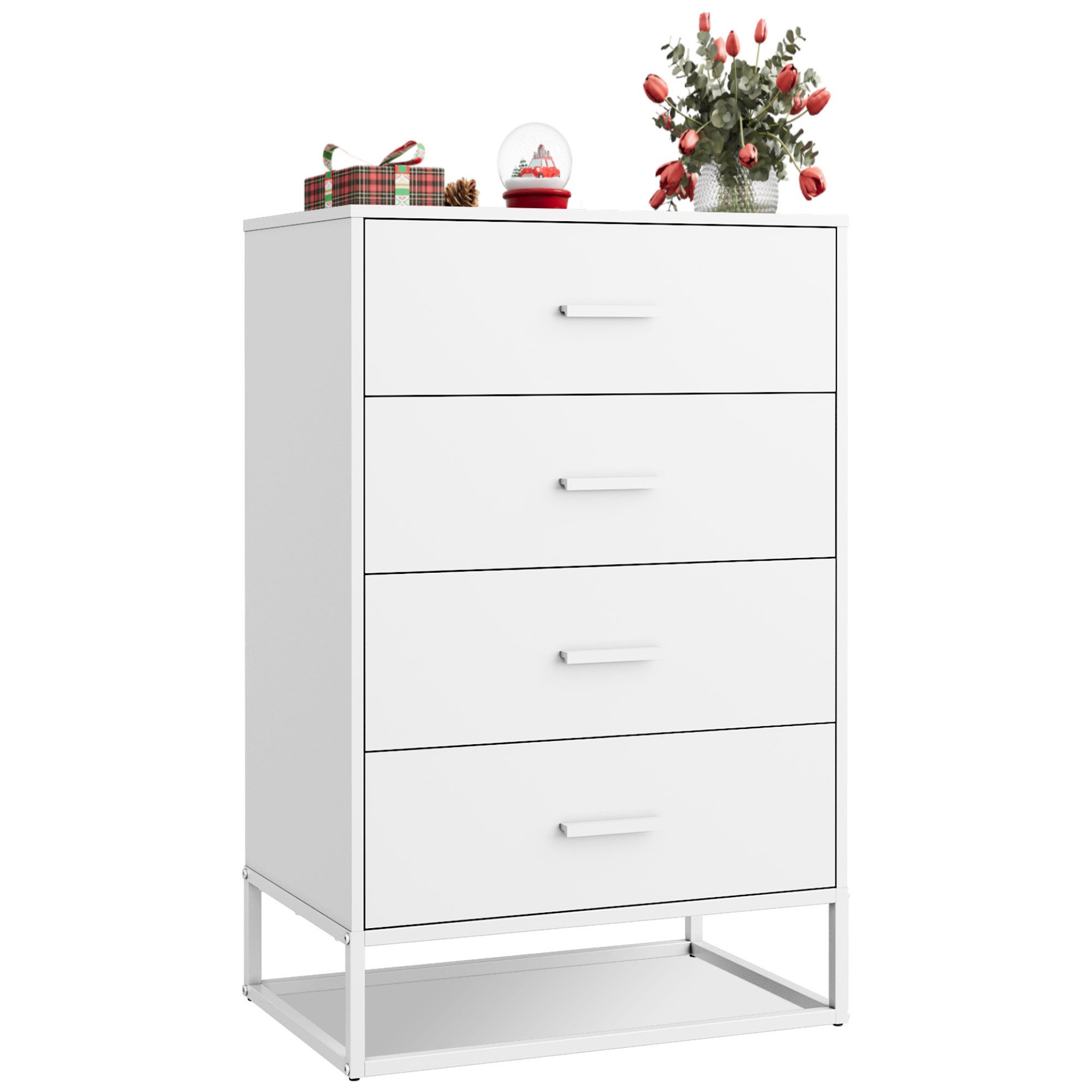 WLIVE Kommode Holz kommode für Schlafzimmer mit 4 Schubladen, Nachttisch (hohe Kommode mit Schubladen und stabilem Metallrahmen, Breit 54cm), 54×36×83 cm Kommode Weiß, für Schlafzimmer/Flur/Wohnzimmer