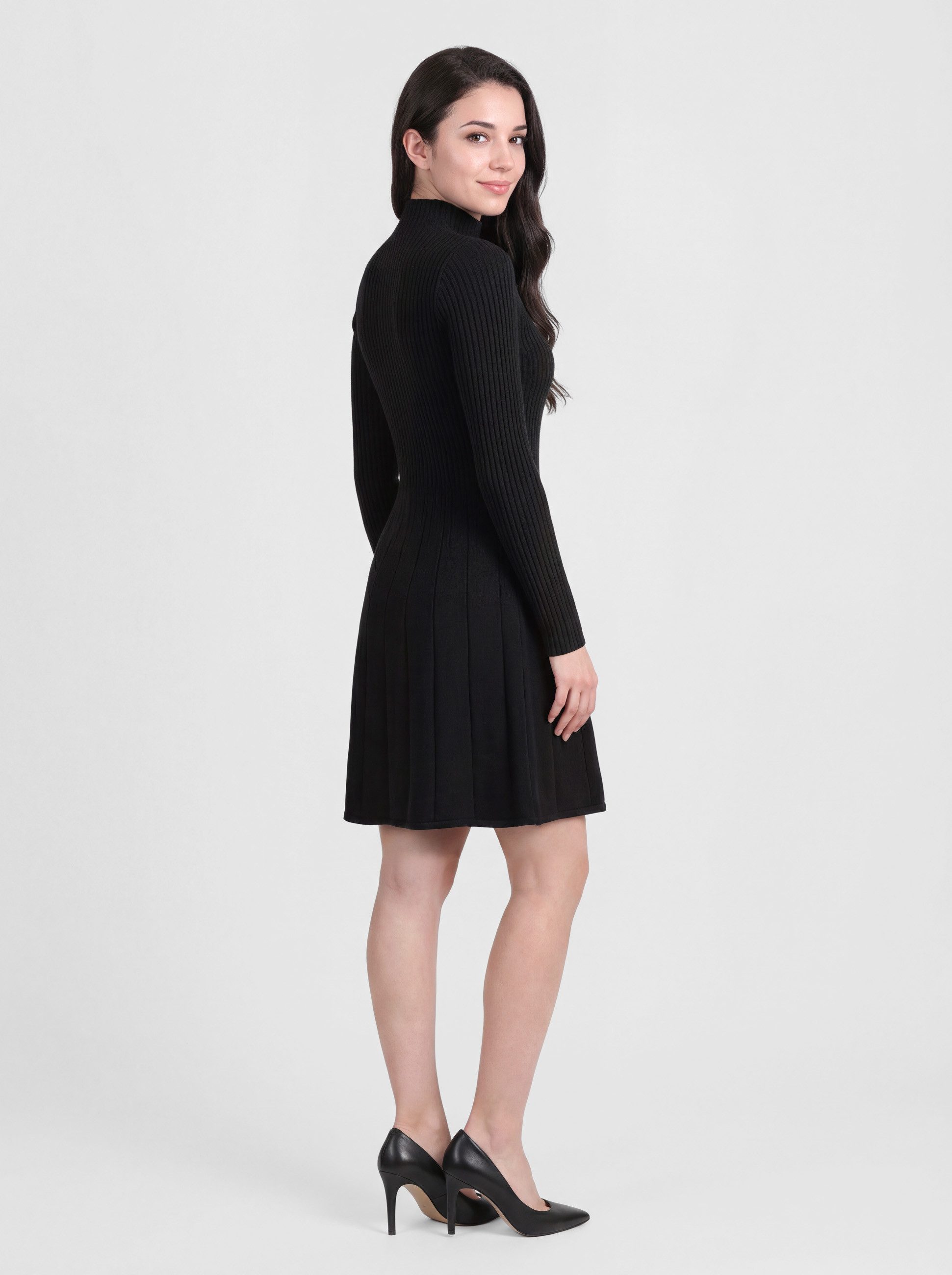 PEKIVESSA Strickkleid Kurzes Rippstrick-Kleid tailliert mit ausgestelltem Rockteil