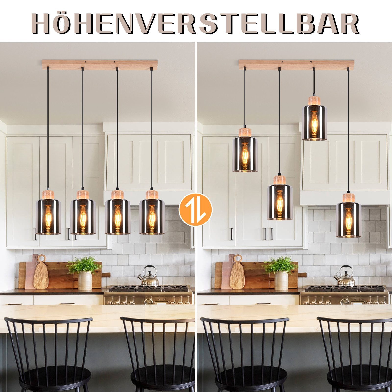 Nettlife Pendelleuchte Vintage Holz 1/3/4 flammig Industrial Hängelampe E27, Höhenverstellbar, LED wechselbar, Rauchglas Hängelampe für Küche Esszimmer Flur