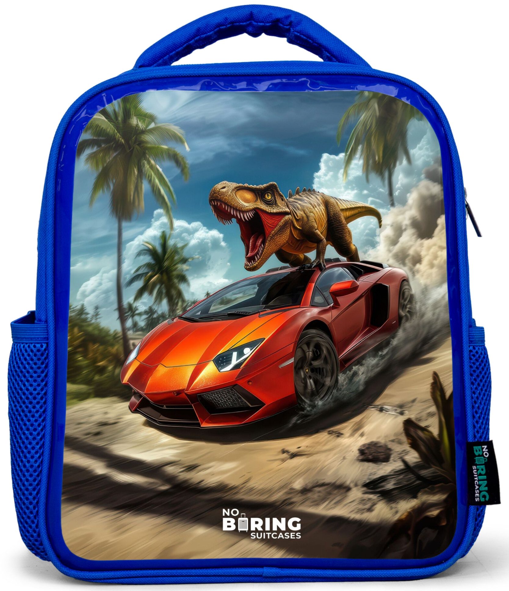 Roter Sportwagen mit Dino rast durch tropischen Strand