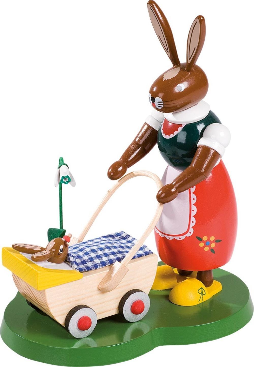 Richard Glaesser Osterhase Häsin mit Kinderwagen (20cm), Hase aus Holz, Handwerkskunst original Erzgebirge