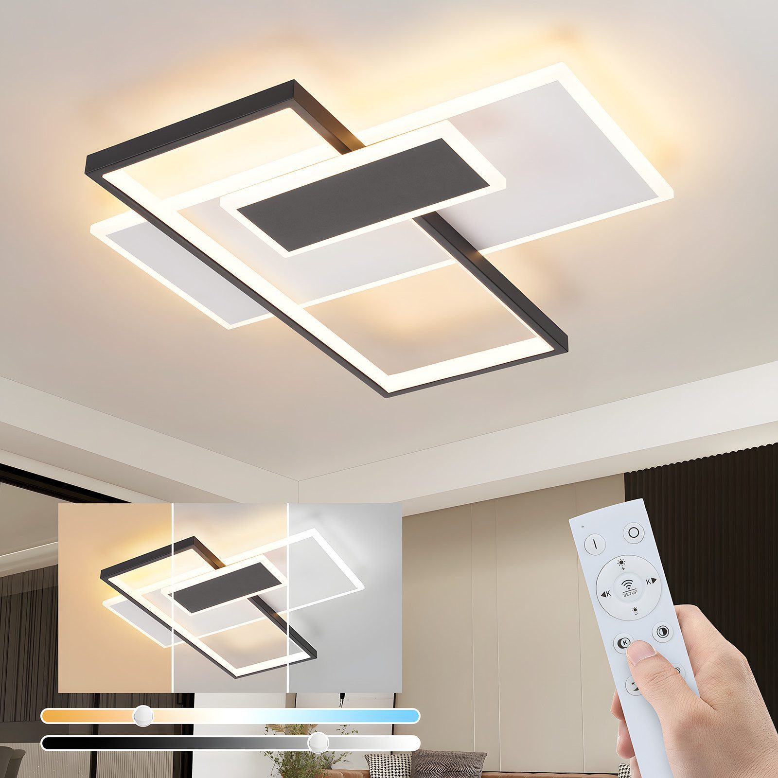 ZMH LED Deckenleuchte Wohnzimmer Dimmbar Deckenlampe Schwarz und Weiß Treppenhaus 58W, Augenschutz, Einfache Installation, LED fest integriert, 3000-6500K, Modern Geometrische Schlafzimmerlampe mit Fernbedienung Büro