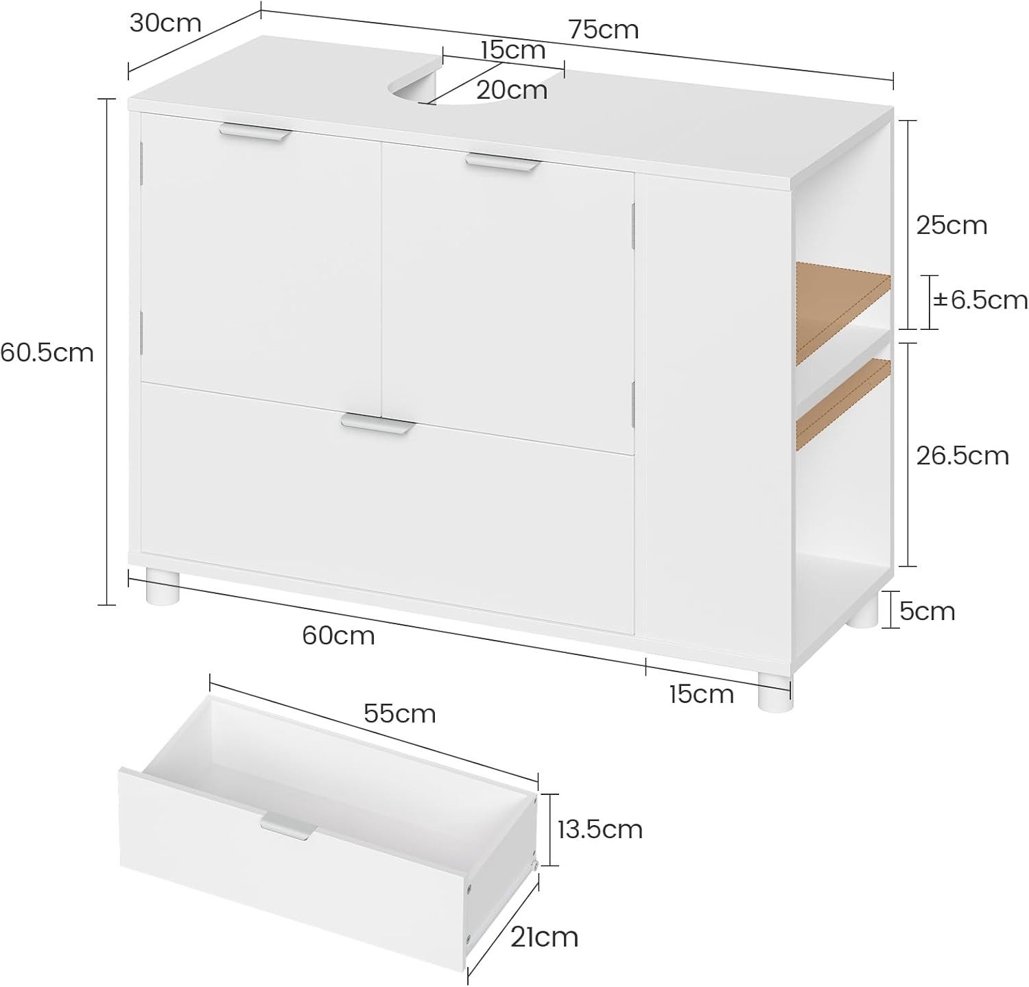 MSMASK Waschbeckenunterschrank Badezimmerschrank mit 2 Türen, Große Schublade, 30 x 60 x 75 cm Offene Fächer an Einer Seite, Rechts Oder Links Austauschbar, Weiß
