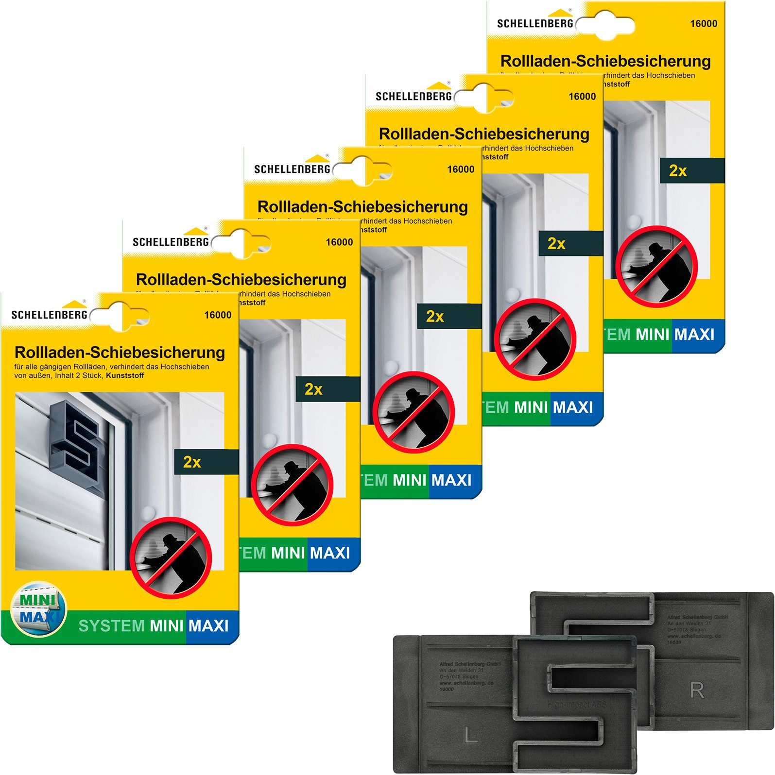 SCHELLENBERG Rollladensicherung gegen Hochschieben des Rollladens, System Mini und Maxi (Set, 10-tlg), Rollladen-Schiebesicherung, einbruchshemmend