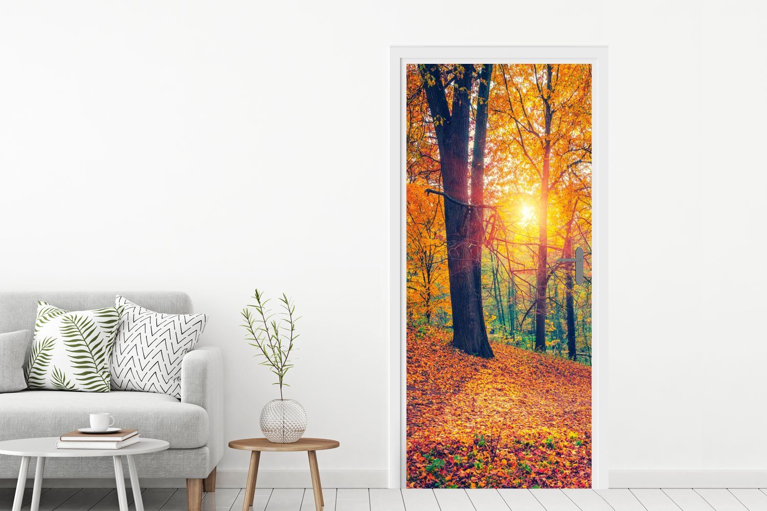 Blätter, 75x205 für Matt, bedruckt, - MuchoWow Wald Herbst Herbstliche Tür, Fototapete - cm (1 Bäume Türtapete St), Türaufkleber, -